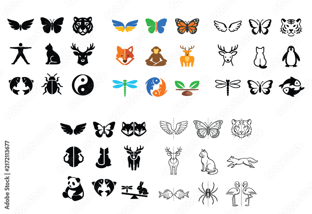 Obraz premium Wildlife and nature design icons with animals, insects and plant seeds for environmental branding in doodle style