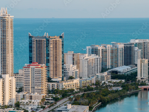 Photography Aerial stock photo of Miami Beach oceanfront condominiums between the Atlantic a