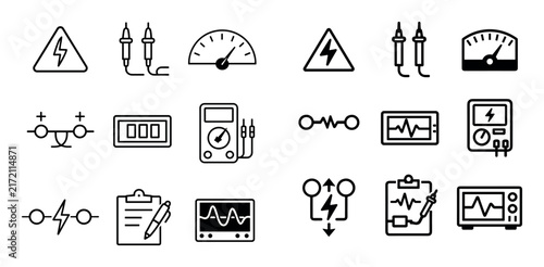 Voltage measurement and electrical testing icon set with voltage level measurement probe and scale reading for dashboard design in minimalist line style