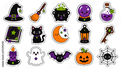 Cute Kawaii Halloween Sticker Set with Witchy Magic Elements and Spooky Icons