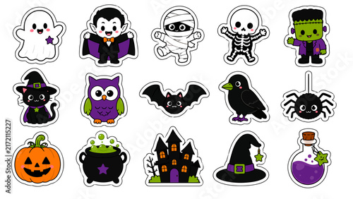 Cute Halloween Sticker Set with Kawaii Ghost Vampire Mummy Skeleton and Witch Elements