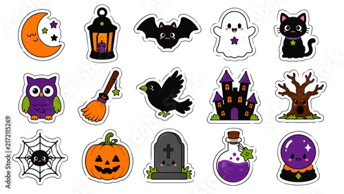 Cute Halloween Sticker Set with Kawaii Ghost Pumpkin Bat and Spooky Elements