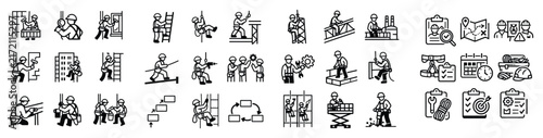 Construction and safety concept icons with worker, tools and blueprint for presentation design in solid outline style