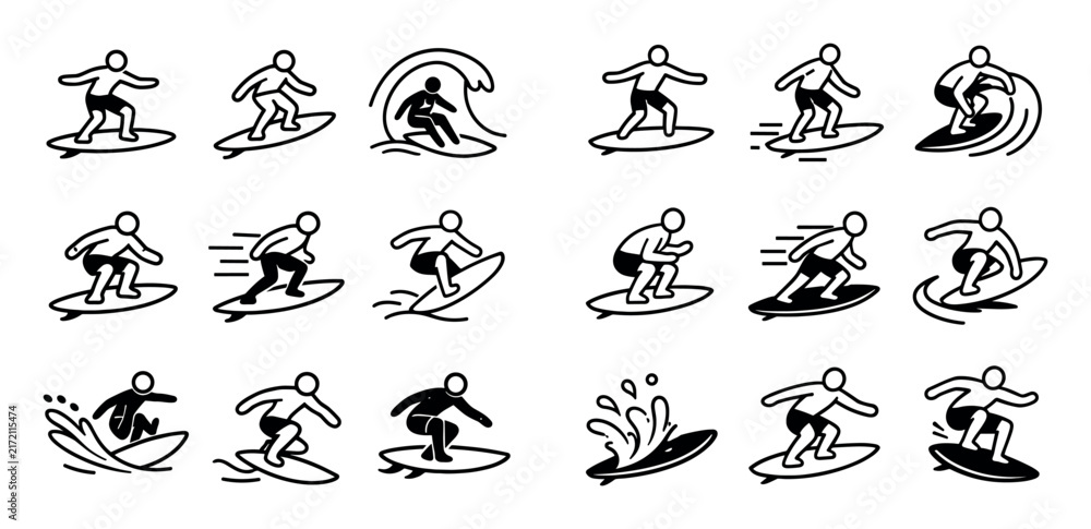 Fototapeta premium Surfing and action icon set with balance stance board glide and wave ride for web design in minimalist style