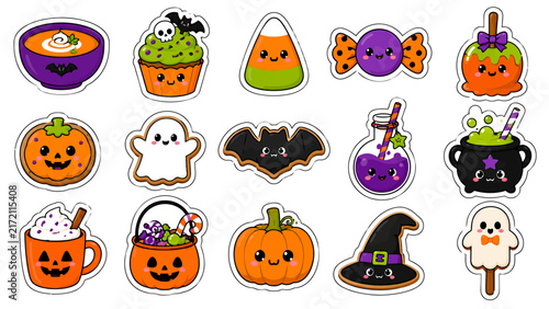 Cute Halloween Kawaii Sticker Set with Pumpkin Ghost Bat and Candy Elements