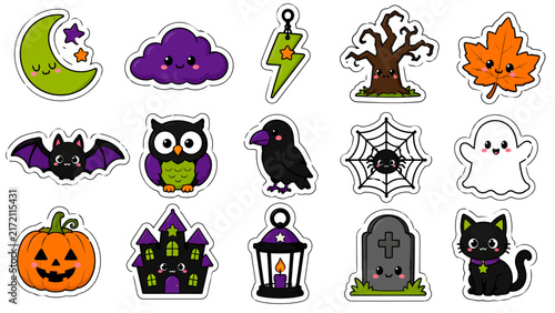 Cute Halloween Sticker Set with Kawaii Ghost Pumpkin Bat and Spooky Holiday Icons