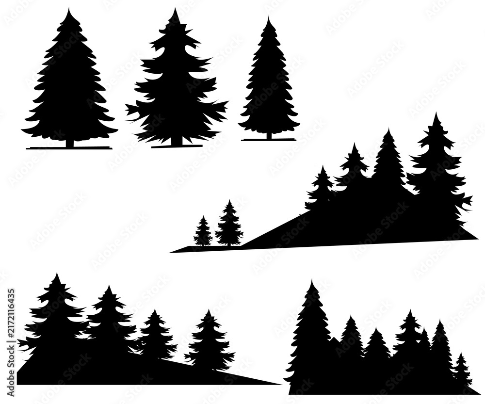 Obraz premium Black conifer tree silhouettes set, isolated pine shapes, vector graphic elements, clip art for design, nature illustration, evergreen forest outline, woodcraft stencil