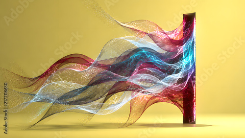 Abstract Digital Energy Waves Flowing through Portal on Yellow Background