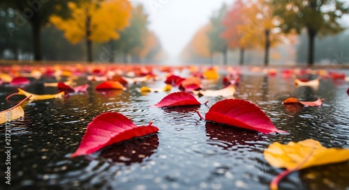 Vibrant autumn leaves on a wet asphalt road during a rainy day in a scenic park landscape