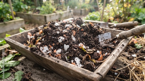 A blend of organic compost soil, fortified with crushed eggshells and decomposed biodegradable waste to serve as a natural fertilizer.