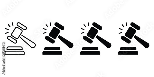 Judge gavel icon set with filled and outline auction hammer symbols for justice, court, law, legal authority, and professional design