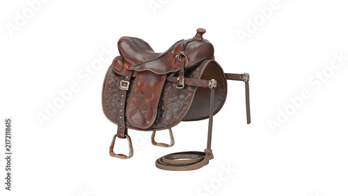 Canvastavla 3d rendering riding saddle set tooled with leather details