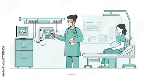 Medical Professional Explaining Equipment to Expectant Mother in Hospital Room Scenario