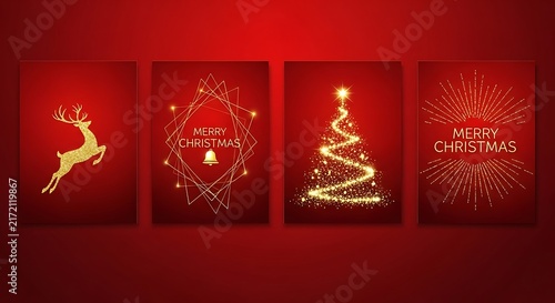 Four festive Christmas greeting card designs with glowing gold reindeer and tree patterns