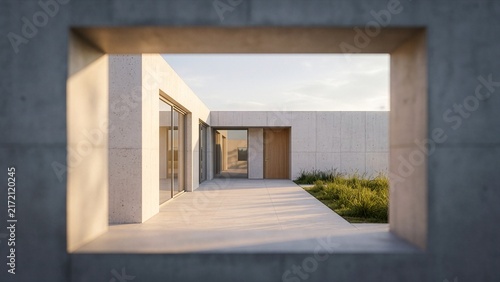A modern concrete building with clean lines and large glass windows, featuring a path leading towards an entrance surrounded by lush greenery.