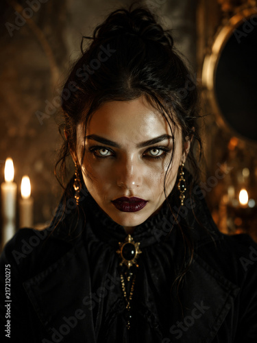 Gothic Woman with Dark Makeup and Black Victorian Clothing in Candlelit Setting