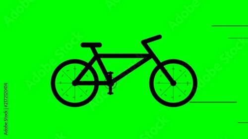 Animated black bicycle icon riding across a vibrant green chroma key background with passing motion lines