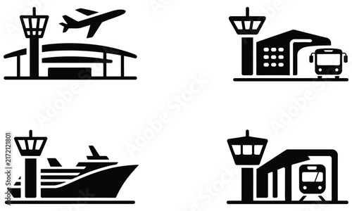 Airport and transportation terminal icon set. Control tower symbol. Simple pictograms for flight departures, bus terminal, cruise port, railway station, and transit hub design.