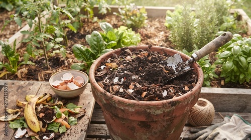 A blend of organic compost soil, fortified with crushed eggshells and decomposed biodegradable waste to serve as a natural fertilizer.