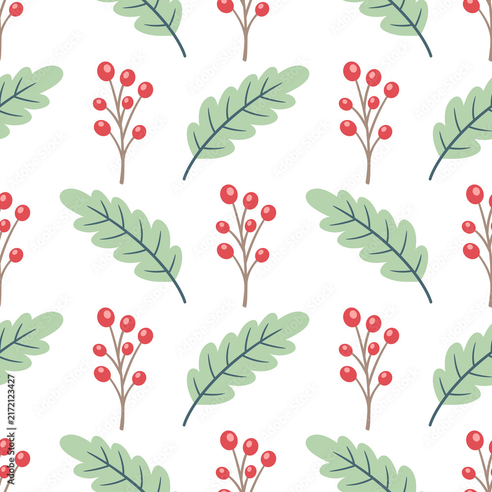 Winter seamless pattern with green oak leaves and red berry