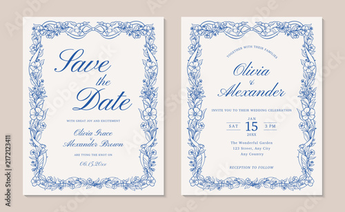 Vintage Blue Floral Line Art Wedding Invitation and Save The Date Card Set in Blue Theme