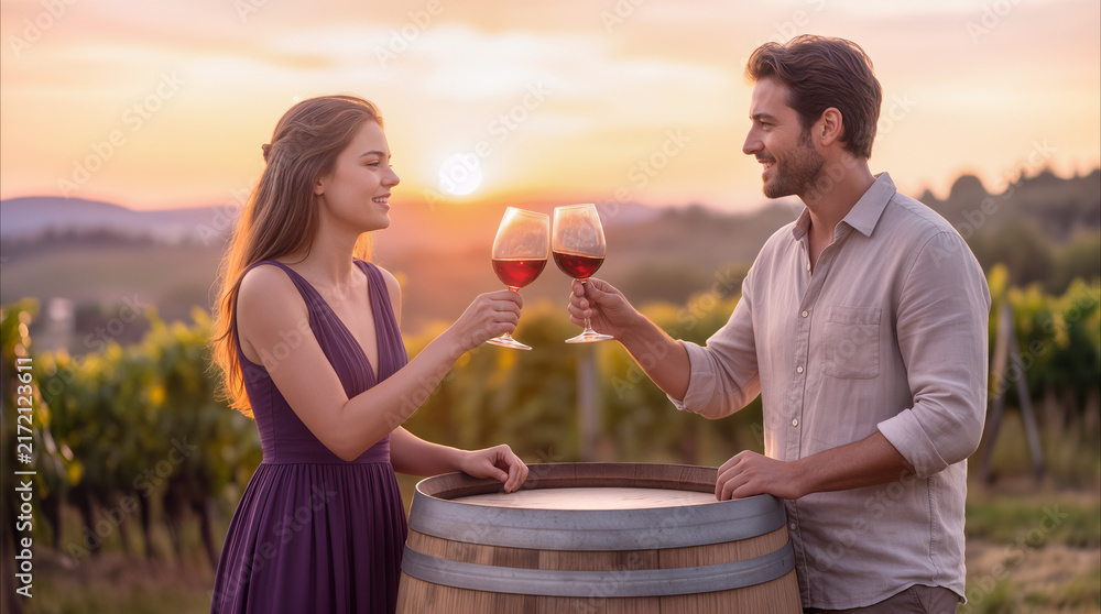 Naklejka premium Couple toasting with red wine glasses at sunset in vineyard. Romantic date at winery during harvest season.