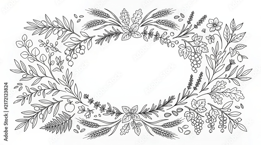 Obraz premium Line art label decoration vector illustration featuring an oval frame layout for product packaging and branding.