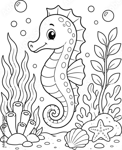 Cute Seahorse Coloring Page, Cartoon Ocean Animal Outline, Kids Educational Activity Book, Marine Life Line Art Illustration Printable