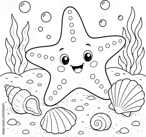 Cute Starfish Coloring Page, Cartoon Sea Animal Outline, Kids Educational Activity Book, Marine Life Line Art Illustration Printable