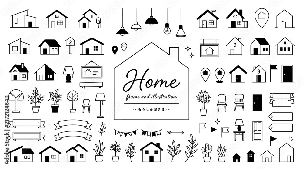 Fototapeta premium Set of hand drawn home and house related icons and design elements.