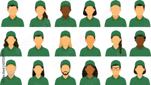 Diverse Delivery Team Avatar Collection, Flat Vector Employee Characters, Multicultural Courier Staff Profile Icons, Professional Uniform Illustration Set