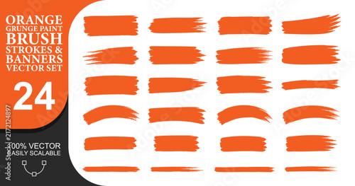Orange grunge paint brush strokes and banners set containing various textured horizontal lines for highlighting text or adding dynamic artistic accents easily.