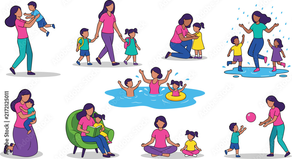 Fototapeta premium Mother and Child Activity Vector Set with Loving Motherhood Moments, Walking to School, Swimming, Playing, and Reading Book Together for Family Designs