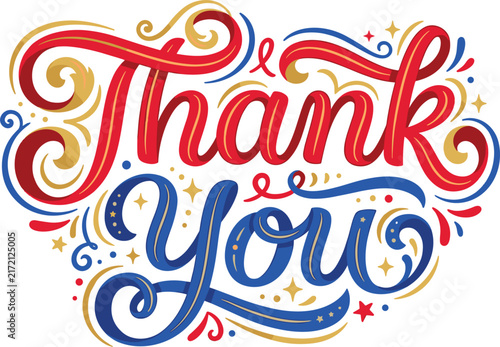 Elegant Thank You Hand Lettering Typography with Decorative Vintage Swirls, Classic Celebration Greeting, Colorful Vector Illustration for Appreciation Design