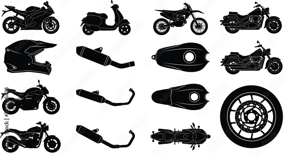 Fototapeta premium Motorcycle Types and Parts Icon Set Black Silhouette Vector Illustration – Sport Bike, Scooter, Helmet, Exhaust Pipe, Fuel Tank and Brake Disc Wheel Flat Icons for Biker and Automotive Design