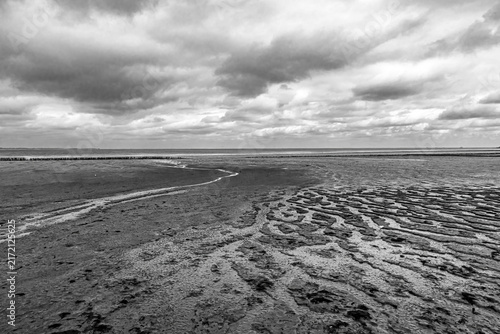 Ebbe, Aussicht auf das Wattenmeer bei Nebel,  Insel Amrum - Schwarz-Weiß Aufnahme 