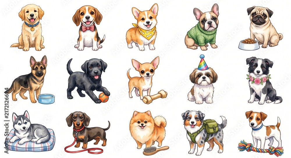 Fototapeta premium Adorable Puppy Accessories Pet Icon Collection