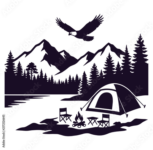 Camping in the mountains with a tent and a flying eagle  serene landscape