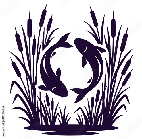 Dark purple silhouette of two fish swimming surrounded by cattails and water plants