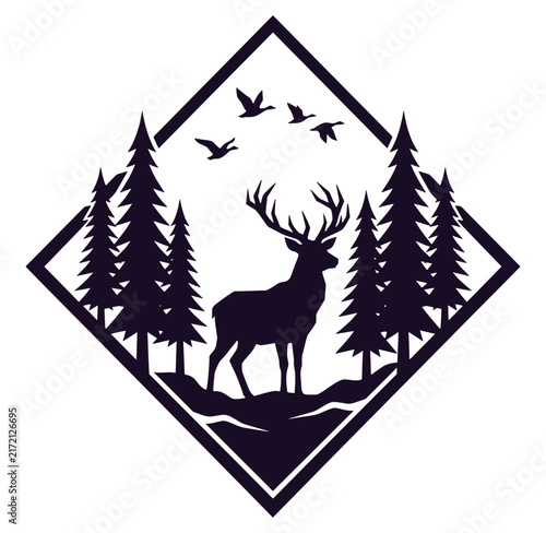 Deer with large antlers standing among pine trees and flying birds in forest landscape