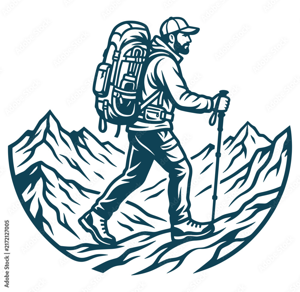 Fototapeta premium Man hiking with backpack and trekking poles in front of mountains