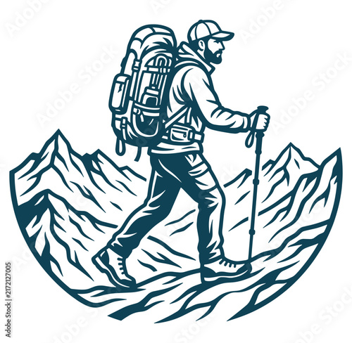 Man hiking with backpack and trekking poles in front of mountains