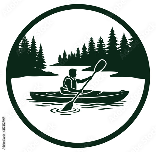 Man kayaking on a serene lake surrounded by pine trees in a circular frame