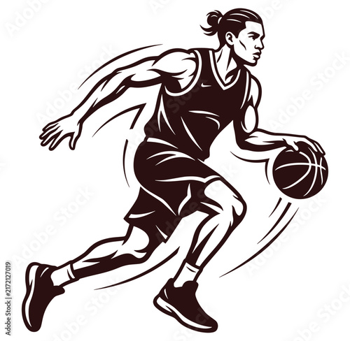 Man playing basketball running with ball in hand in motion