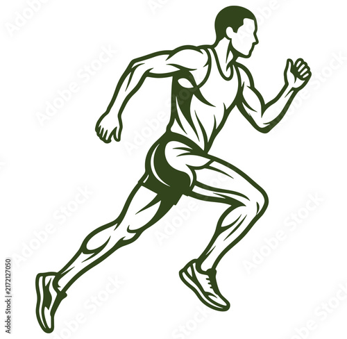 Man running in athletic clothing with muscular build sprinting fast