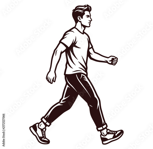 Man walking in motion with short hair and casual clothes  dynamic stride