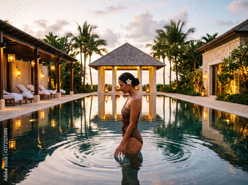 Woman in a swimsuit standing in an infinity pool at dusk near a tropical pavilion representing luxury resort travel and premium wellness.