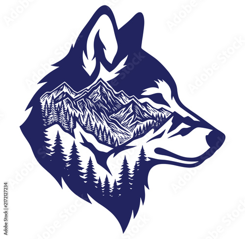 Wolf head with mountain and forest landscape design element illustration