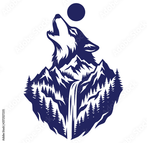 Wolf howling at moon above mountain landscape with waterfall and trees
