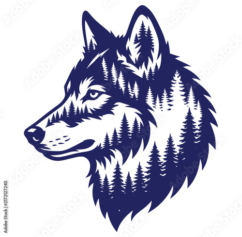 Wolf head with trees inside fur profile view isolated on white background